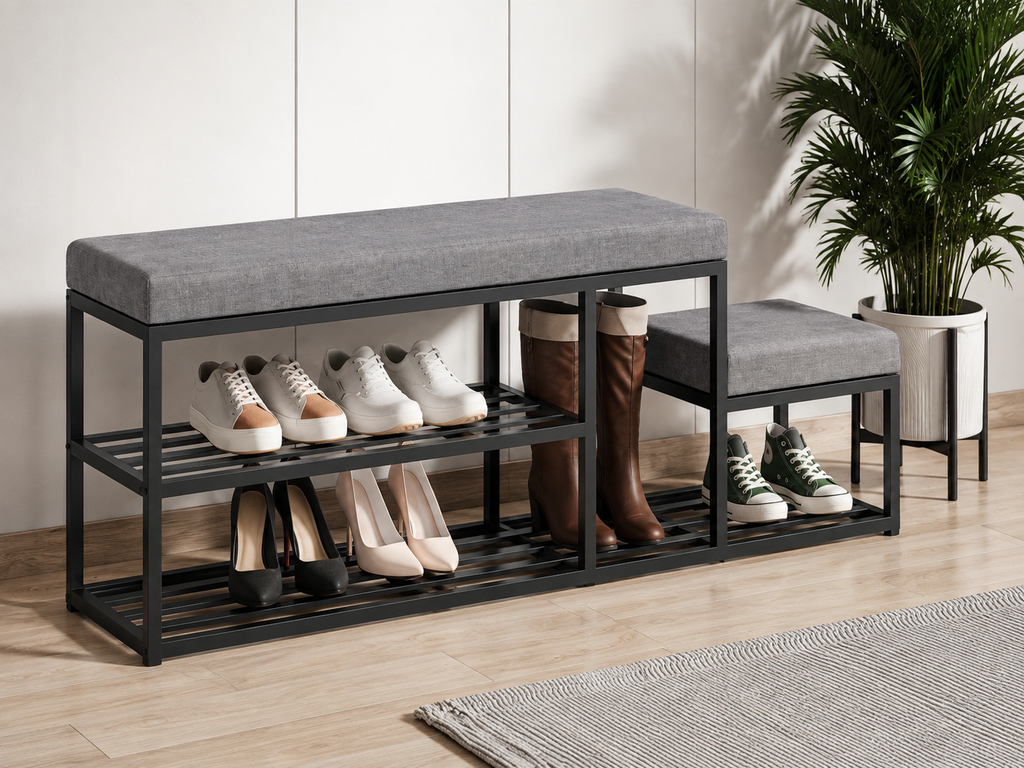 Stepped Shoe Bench with Boot Storage 120×30×50 cm – Black Metal & Gray Seats