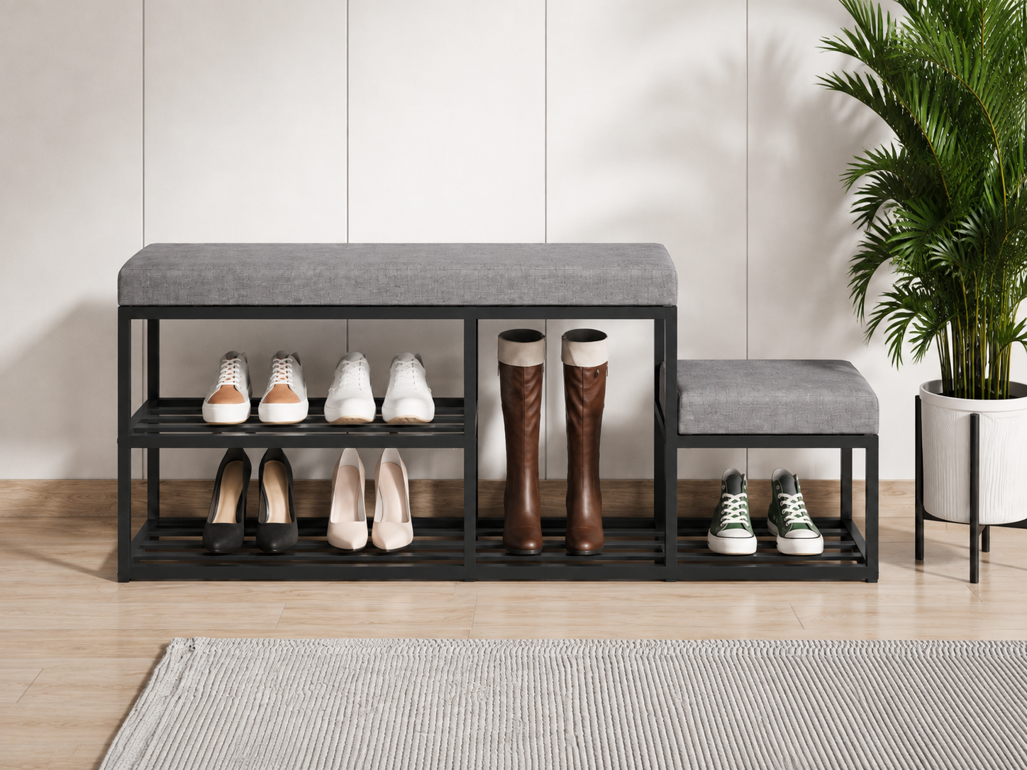 Stepped Shoe Bench with Boot Storage 120×30×50 cm – Black Metal & Gray Seats