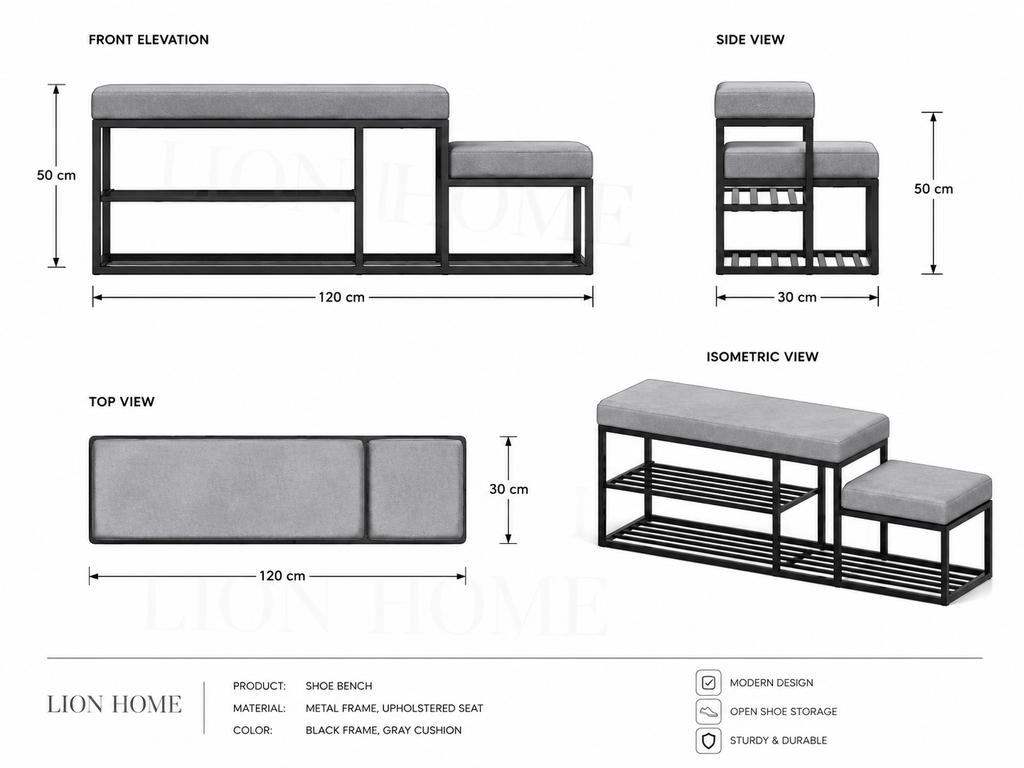 Stepped Shoe Bench with Boot Storage 120×30×50 cm – Black Metal & Gray Seats