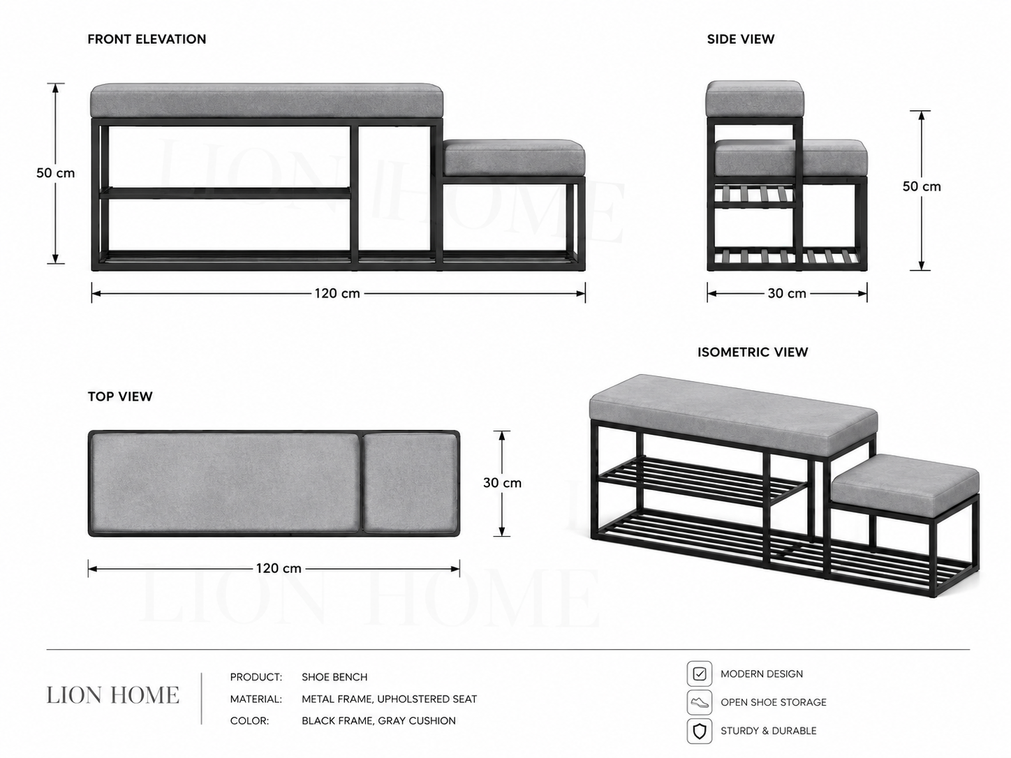 Stepped Shoe Bench with Boot Storage 120×30×50 cm – Black Metal & Gray Seats