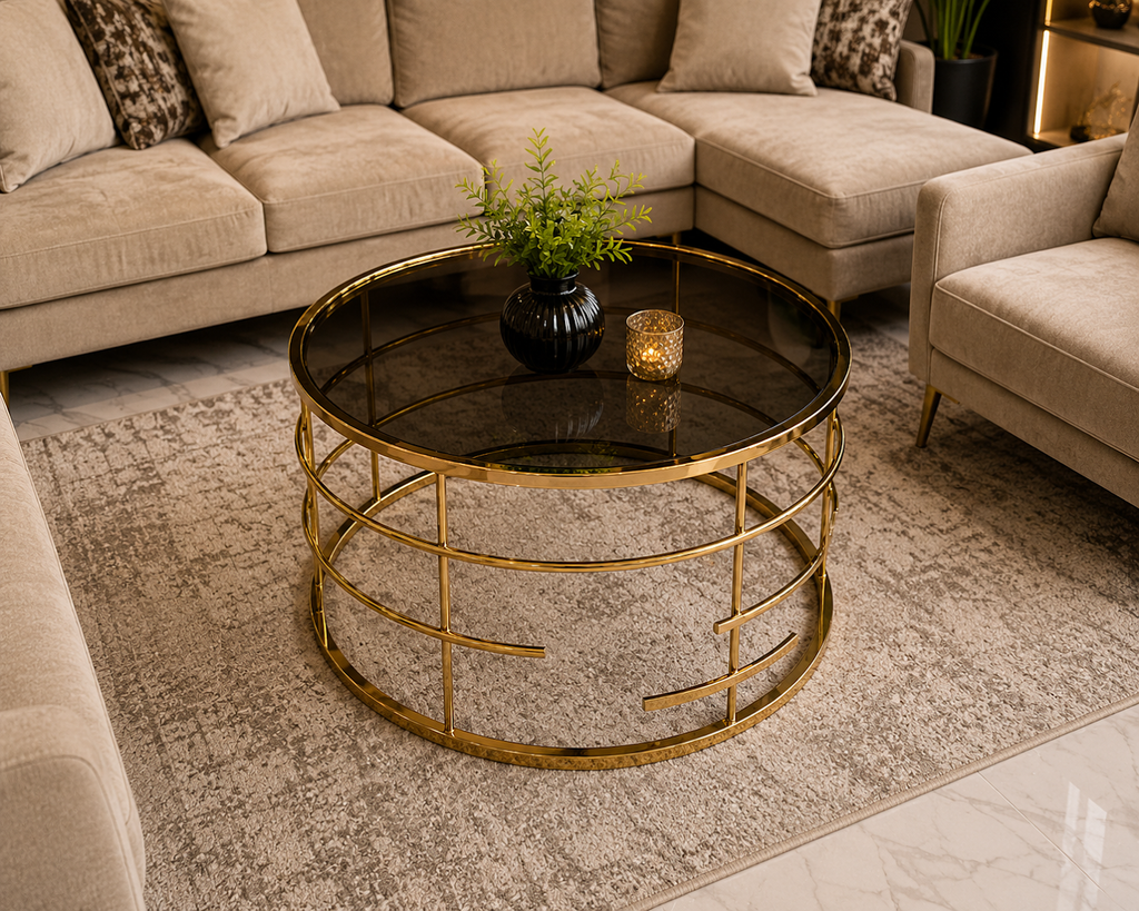 Luxury Round Stainless Steel Coffee Table with Smoked Tempered Glass Top | Gold PVD Finish | 60 cm | LION HOME