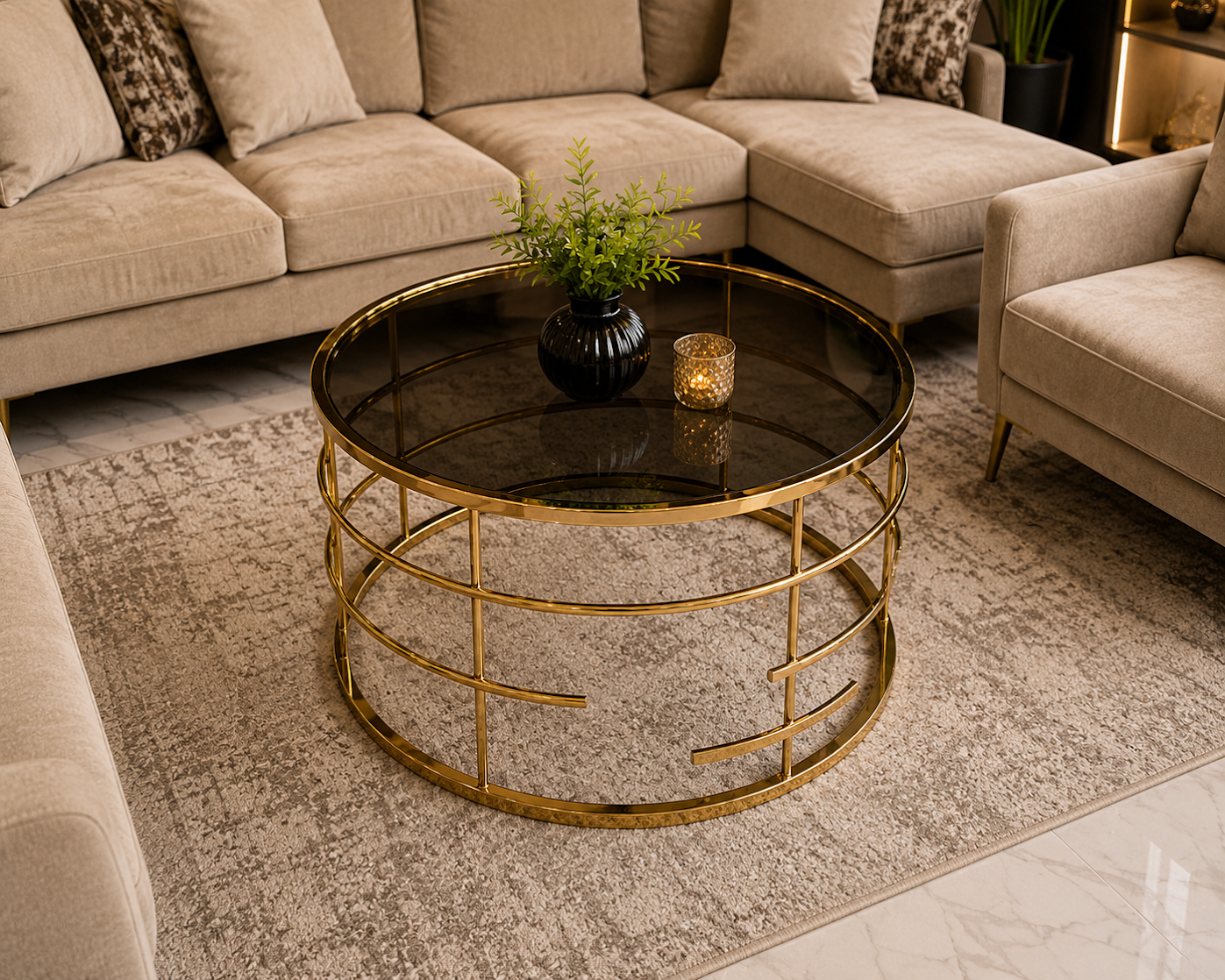 Luxury Round Stainless Steel Coffee Table with Smoked Tempered Glass Top | Gold PVD Finish | 60 cm | LION HOME