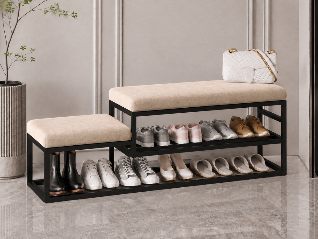 Stepped Shoe Bench with Storage 120×30×50 cm – Black Metal Frame & Beige Seats