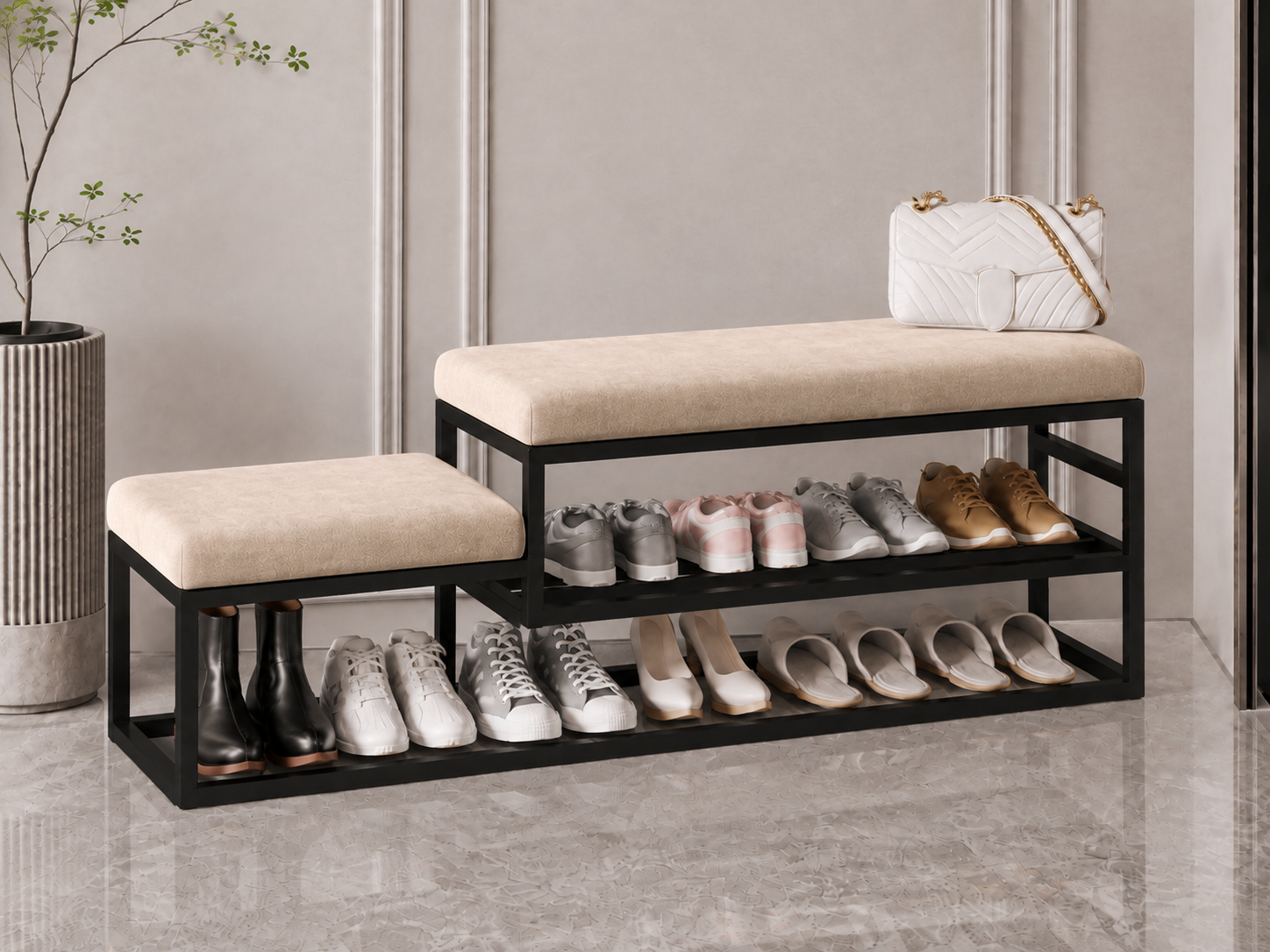 Stepped Shoe Bench with Storage 120×30×50 cm – Black Metal Frame & Beige Seats