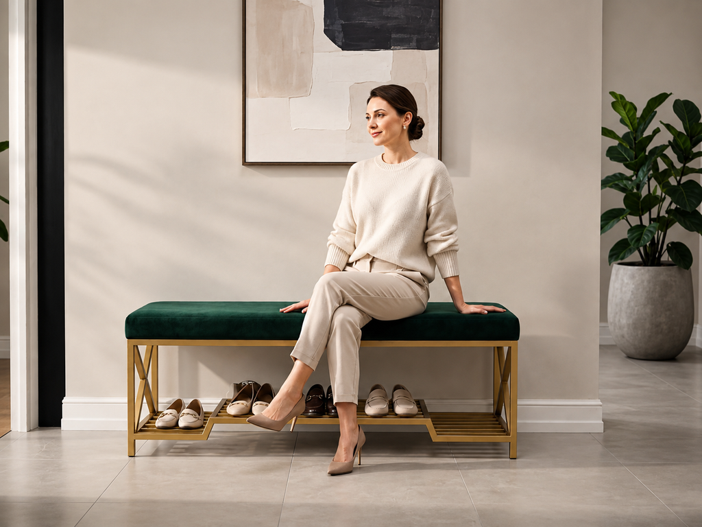 Long Shoe Bench with Storage 150×40×50 cm – Satin Gold Frame & Dark Green Seat