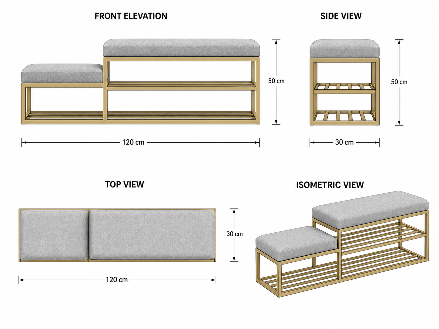 Stepped Shoe Bench with Storage 120×30×50 cm – Gold Metal Frame & Gray Seats