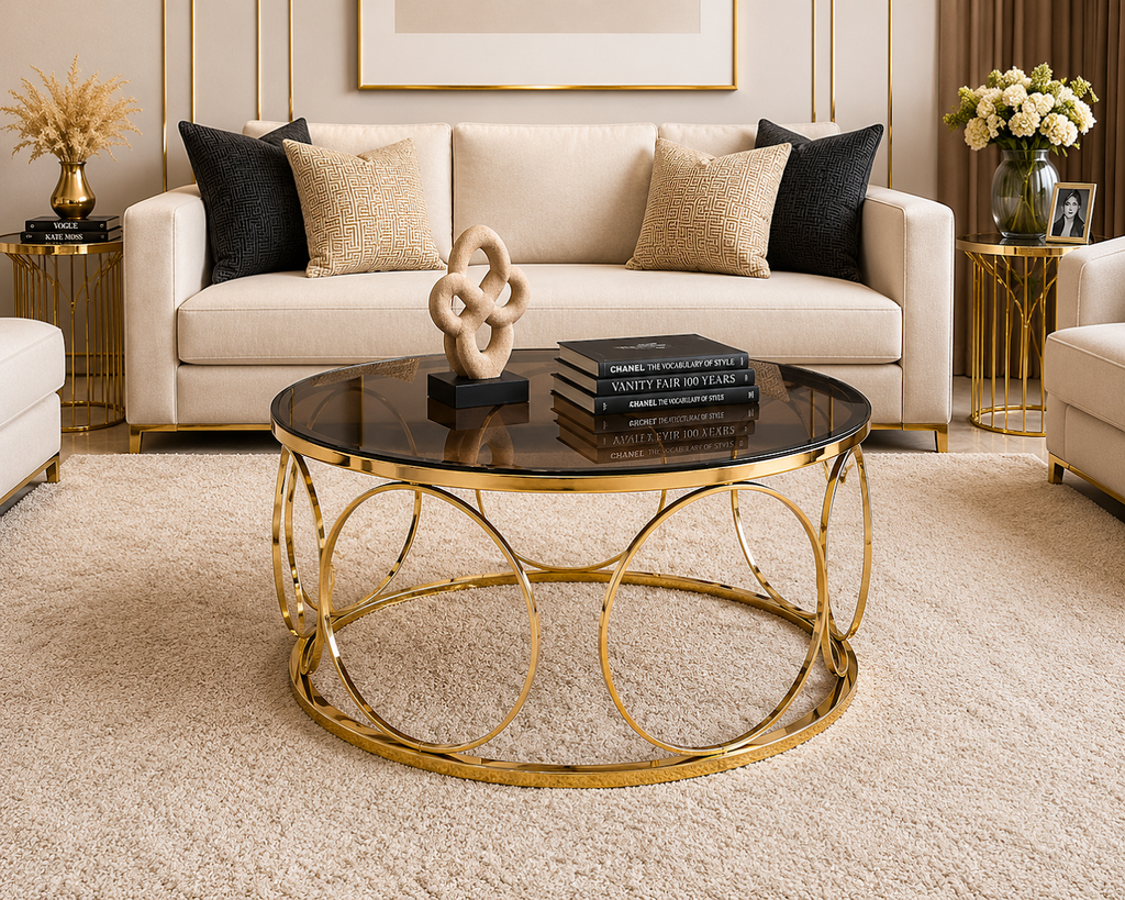 LION HOME Round Coffee Table 75 cm – Gold Stainless Steel PVD Frame with Smoked Glass Top