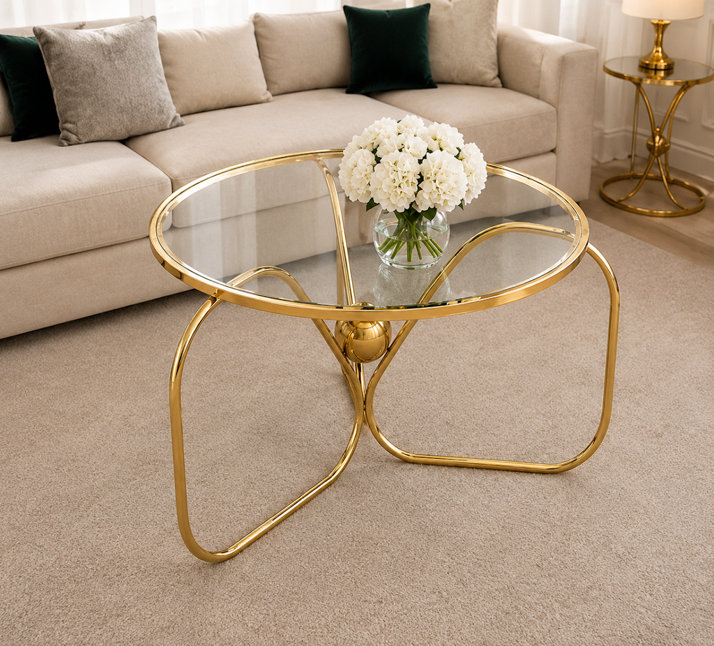 Luxury Round Stainless Steel Coffee Table with Smoked Tempered Glass Top | Gold PVD Finish | 75 cm | LION HOME