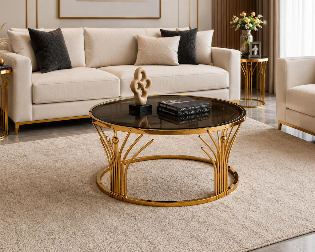 Round Stainless Steel Side Table with Smoked Tempered Glass Top | Luxury Gold PVD Accent Table 60cm | LION HOME