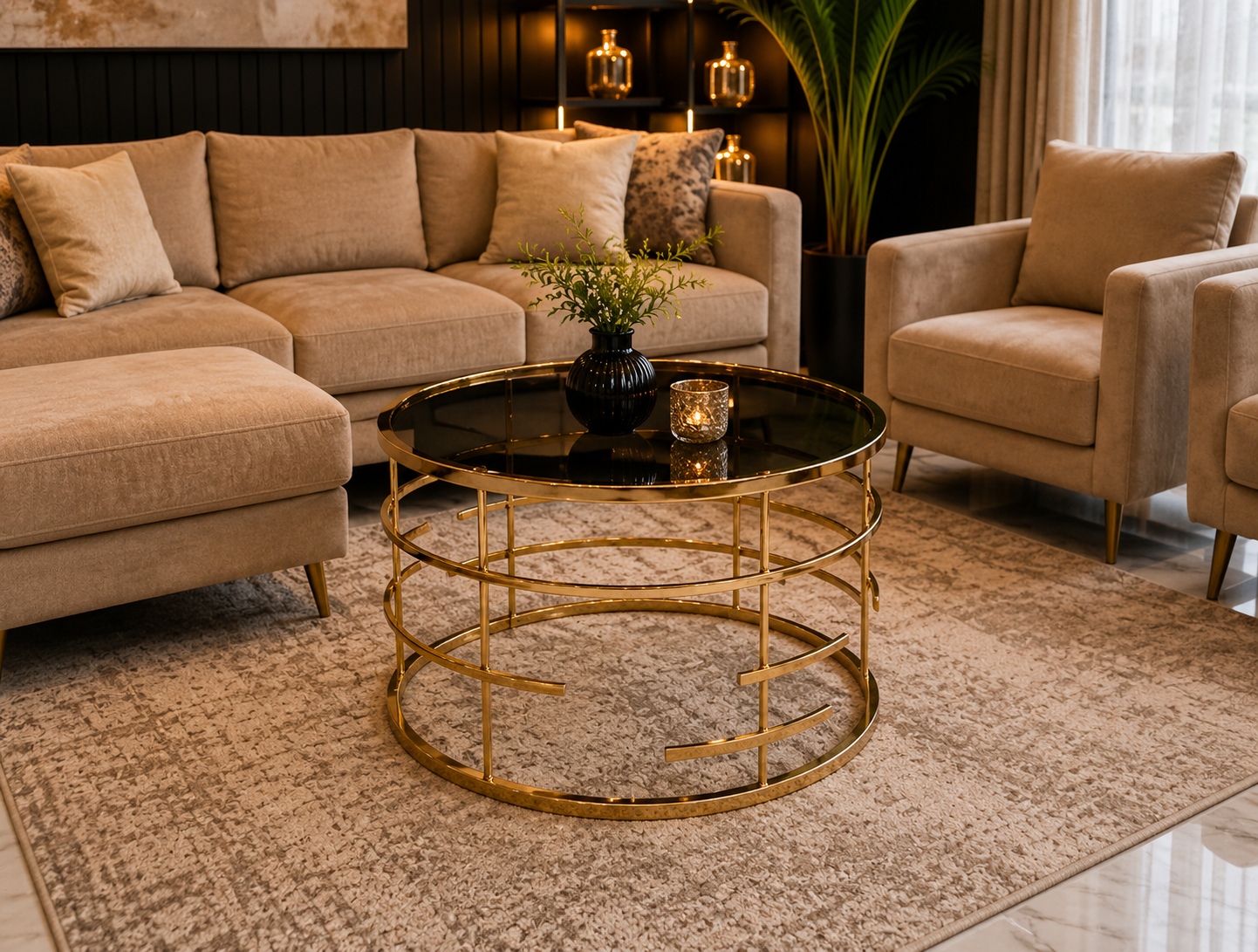 Luxury Round Stainless Steel Coffee Table with Smoked Tempered Glass Top | Gold PVD Finish | 60 cm | LION HOME