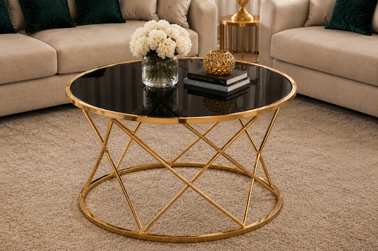 Luxury Round Stainless Steel Coffee Table with Smoked Tempered Glass Top | Gold PVD Finish | 75 cm | LION HOME