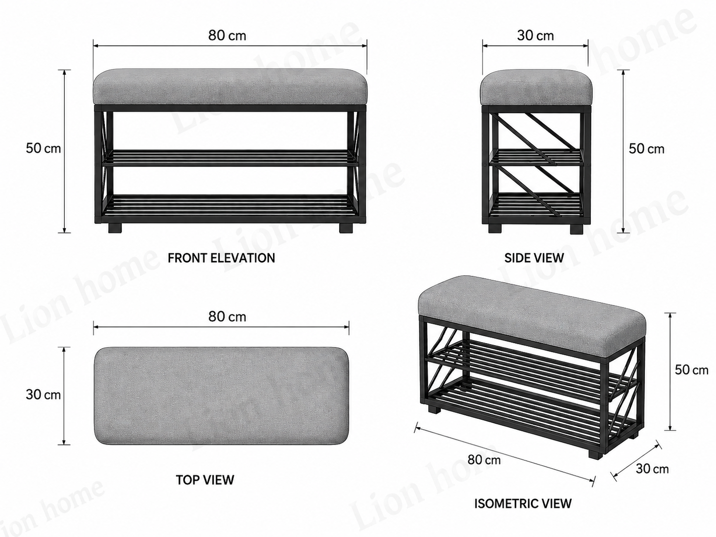 Compact Shoe Bench with 2-Tier Storage 80×30×50 cm – Black Metal & Gray Seat