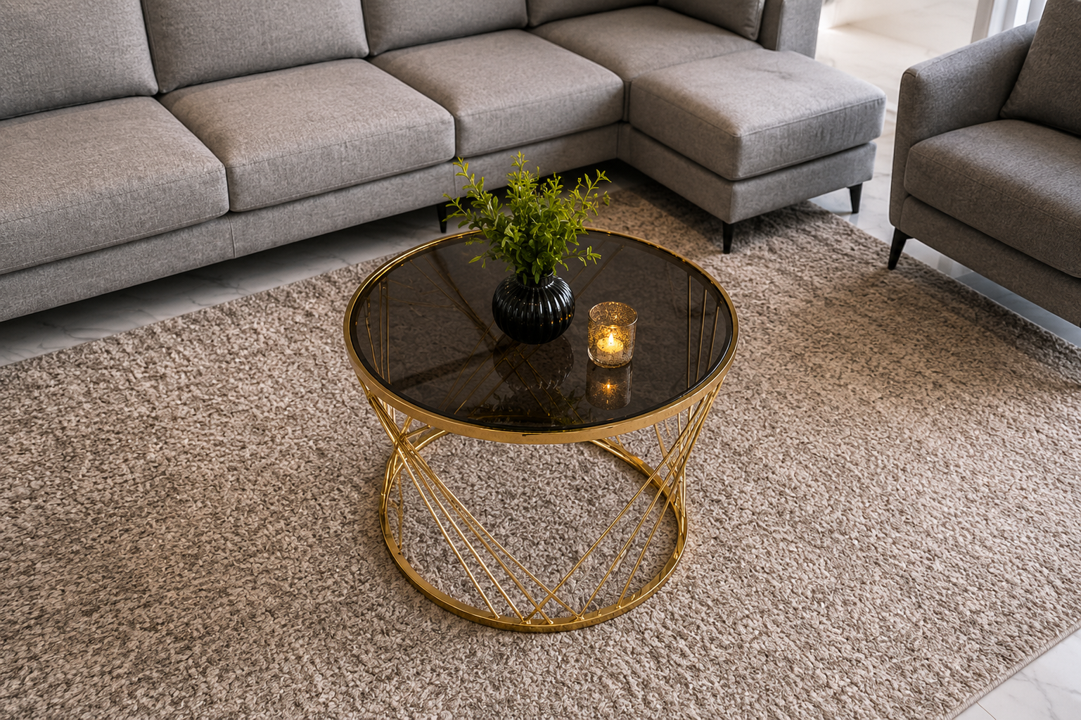 Round Stainless Steel Coffee Table with Smoked Tempered Glass Top | Gold PVD Modern Center Table 60cm | LION HOME