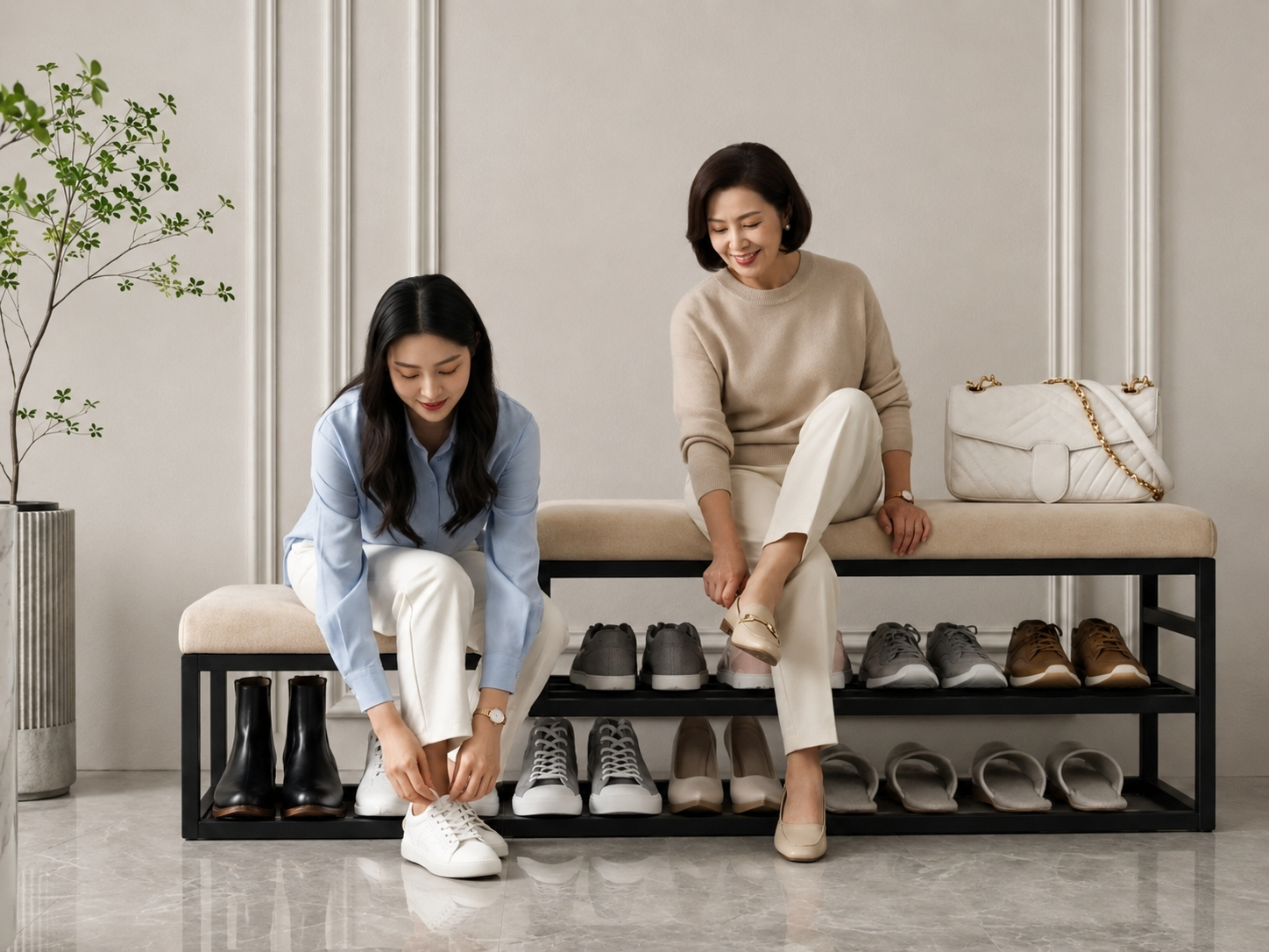 Stepped Shoe Bench with Storage 120×30×50 cm – Black Metal Frame & Beige Seats
