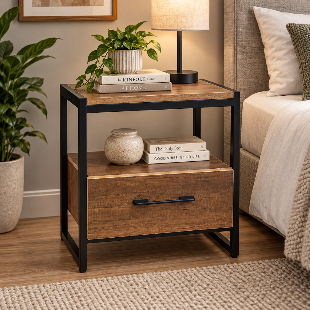 كمودينو LION HOME بمعدن أسود وخشب كونتر بني داخل غرفة نوم، مع أباجورة ونبات على السطح وكتب على الرف المفتوح.