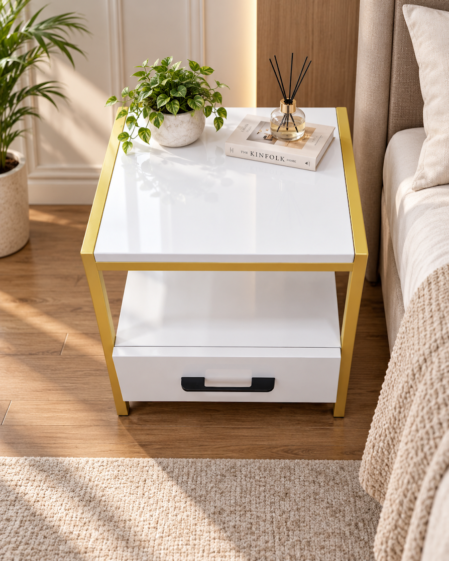 كمودينو LION HOME من المعدن الذهبي وPVC الأبيض بتنسيق جانبي في غرفة نوم