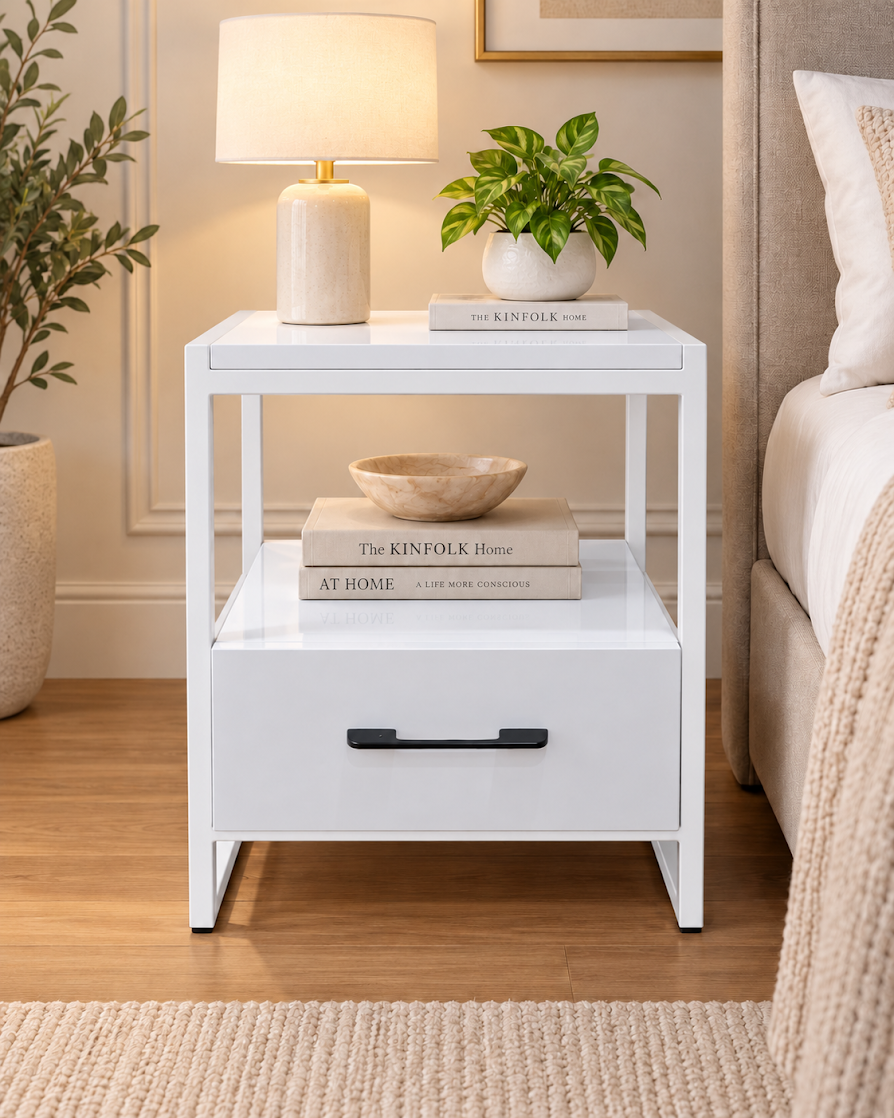 كمودينو LION HOME بشاسيه معدن أبيض وألواح PVC بيضاء، بدرج بمقبض أسود ورف مفتوح بجوار السرير