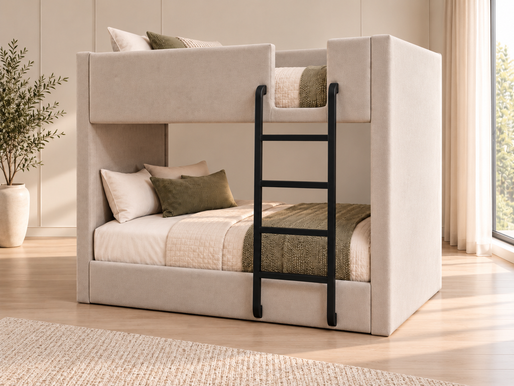 سرير دورين منجد بيج من LION HOME بشاسيه معدن وسلم أسود داخل غرفة عصرية – مقاس مرتبة 100×195 سم
