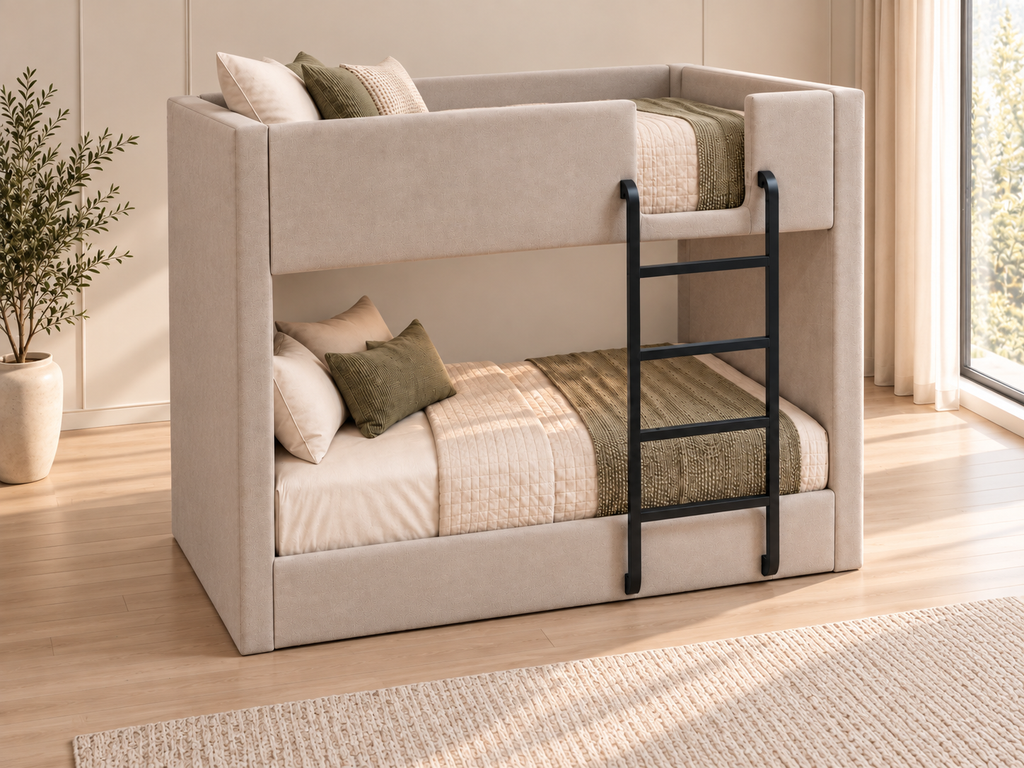 سرير دورين منجد بيج من LION HOME بمنظور جانبي داخل غرفة عصرية – شاسيه معدن ومقاس مرتبة 100×195 سم