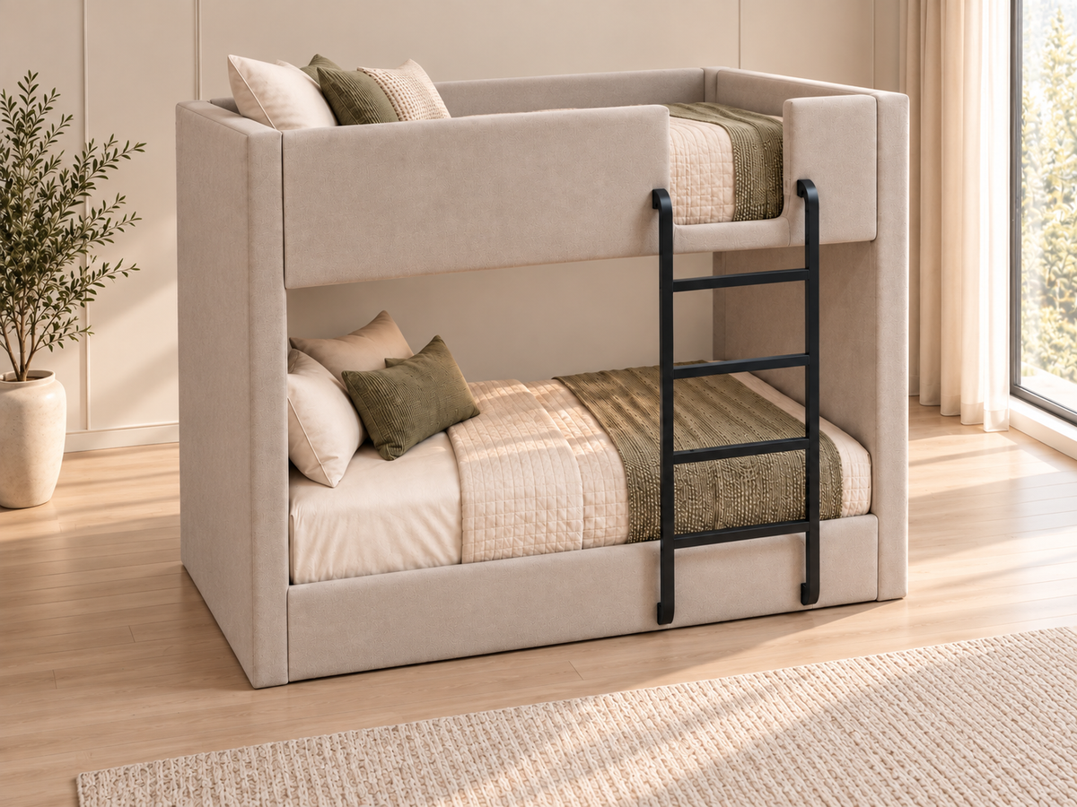 سرير دورين منجد بيج من LION HOME بمنظور جانبي داخل غرفة عصرية – شاسيه معدن ومقاس مرتبة 100×195 سم