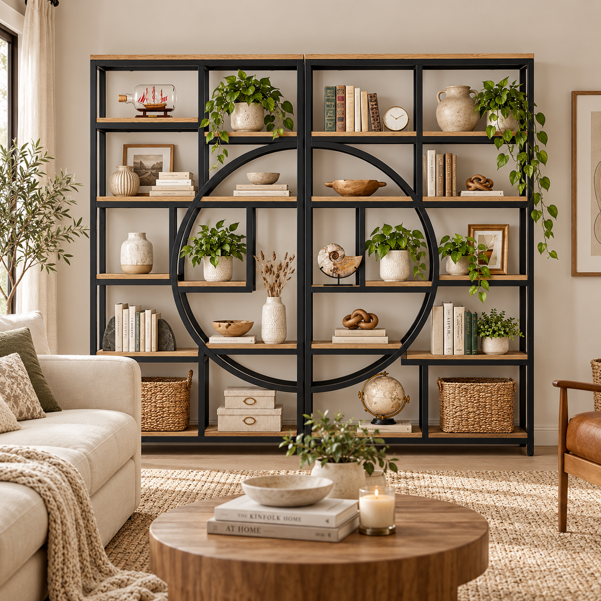 تفاصيل تصميم مكتبة رفوف معدن وخشب مودرن