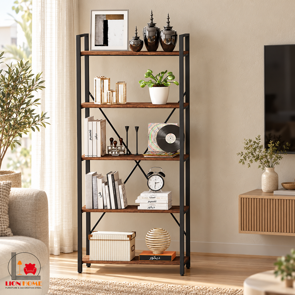 مكتبة معدن وخشب 5 أرفف من LION HOME داخل غرفة معيشة