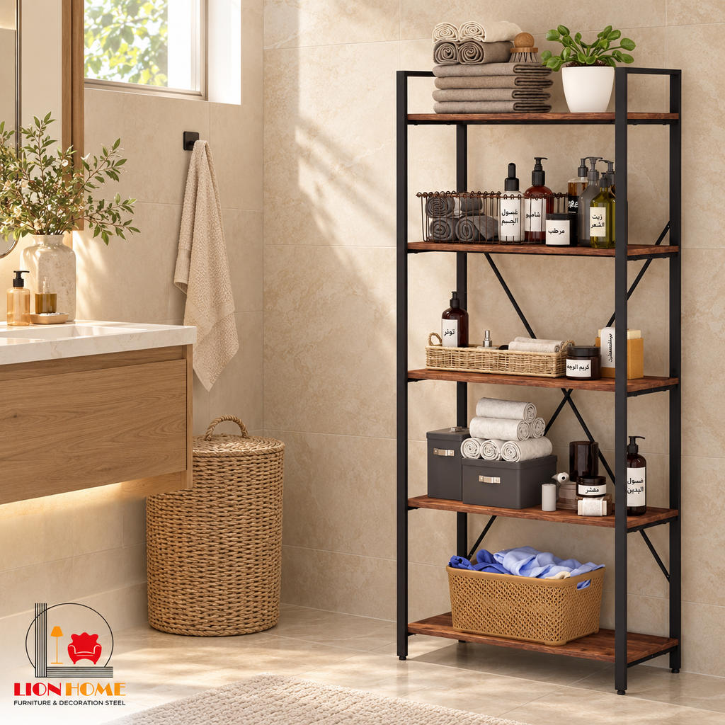 مكتبة معدن وخشب من LION HOME لترتيب المناشف والمستلزمات داخل الحمام