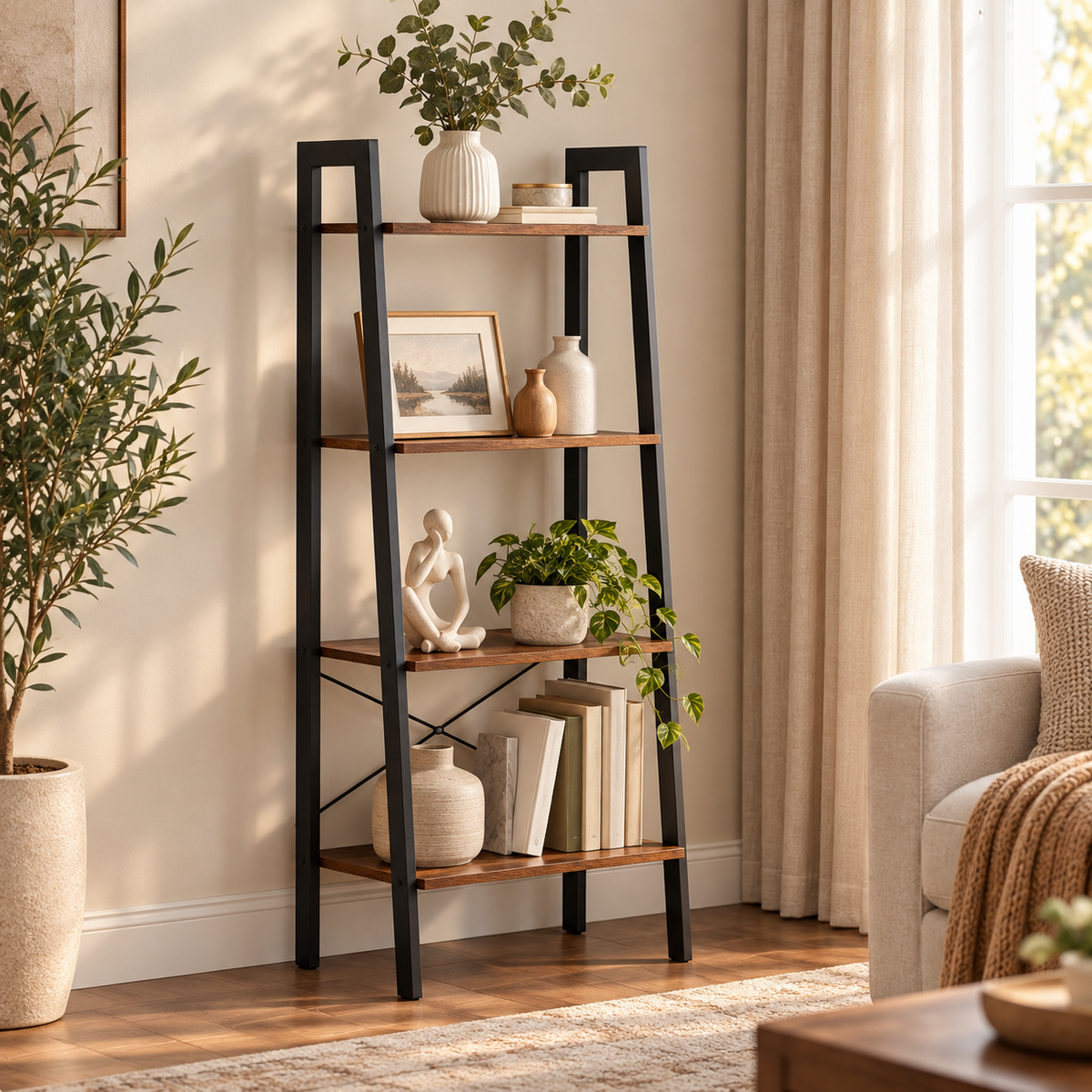 مكتبة سلم مودرن 4 أرفف من LION HOME داخل غرفة معيشة
