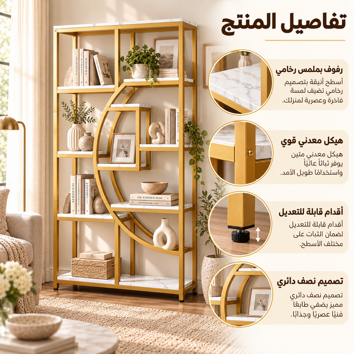 تفاصيل وحدة رفوف ذهبية LION HOME بأرفف ذات مظهر رخامي وأقدام قابلة للتعديل