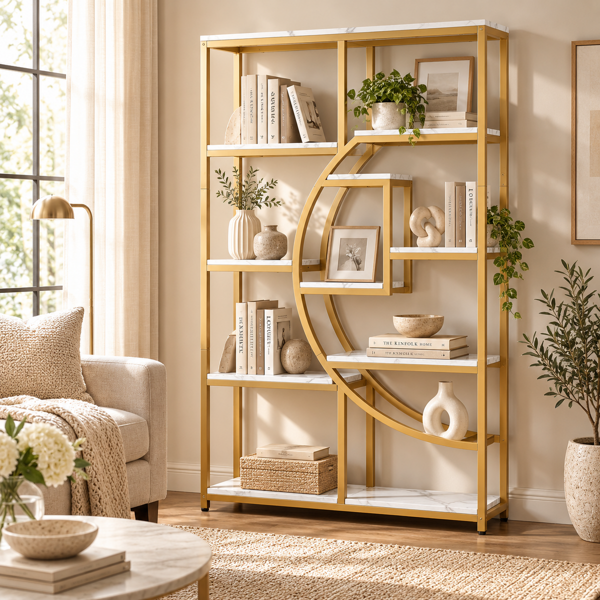 وحدة رفوف ديكور ذهبية مودرن 175×95 سم من LION HOME داخل غرفة معيشة