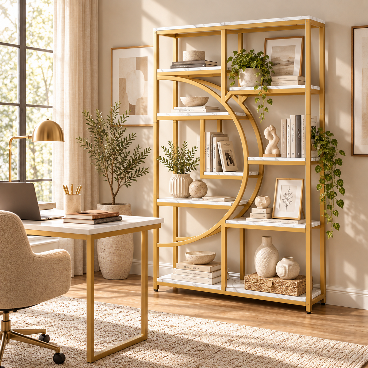 وحدة رفوف ذهبية بتصميم نصف دائري من LION HOME داخل مكتب منزلي