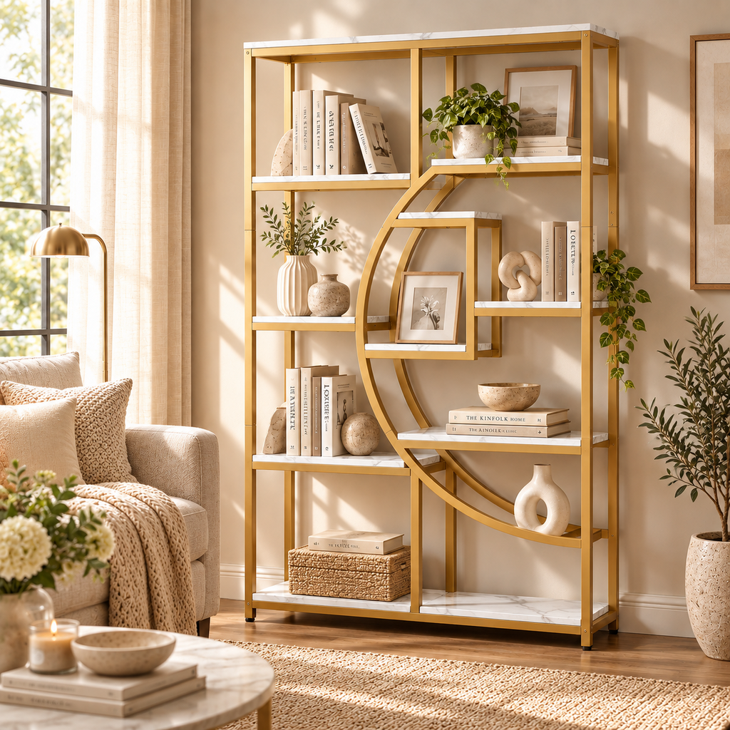 وحدة رفوف مودرن ذهبية من LION HOME بتصميم هندسي داخل غرفة معيشة