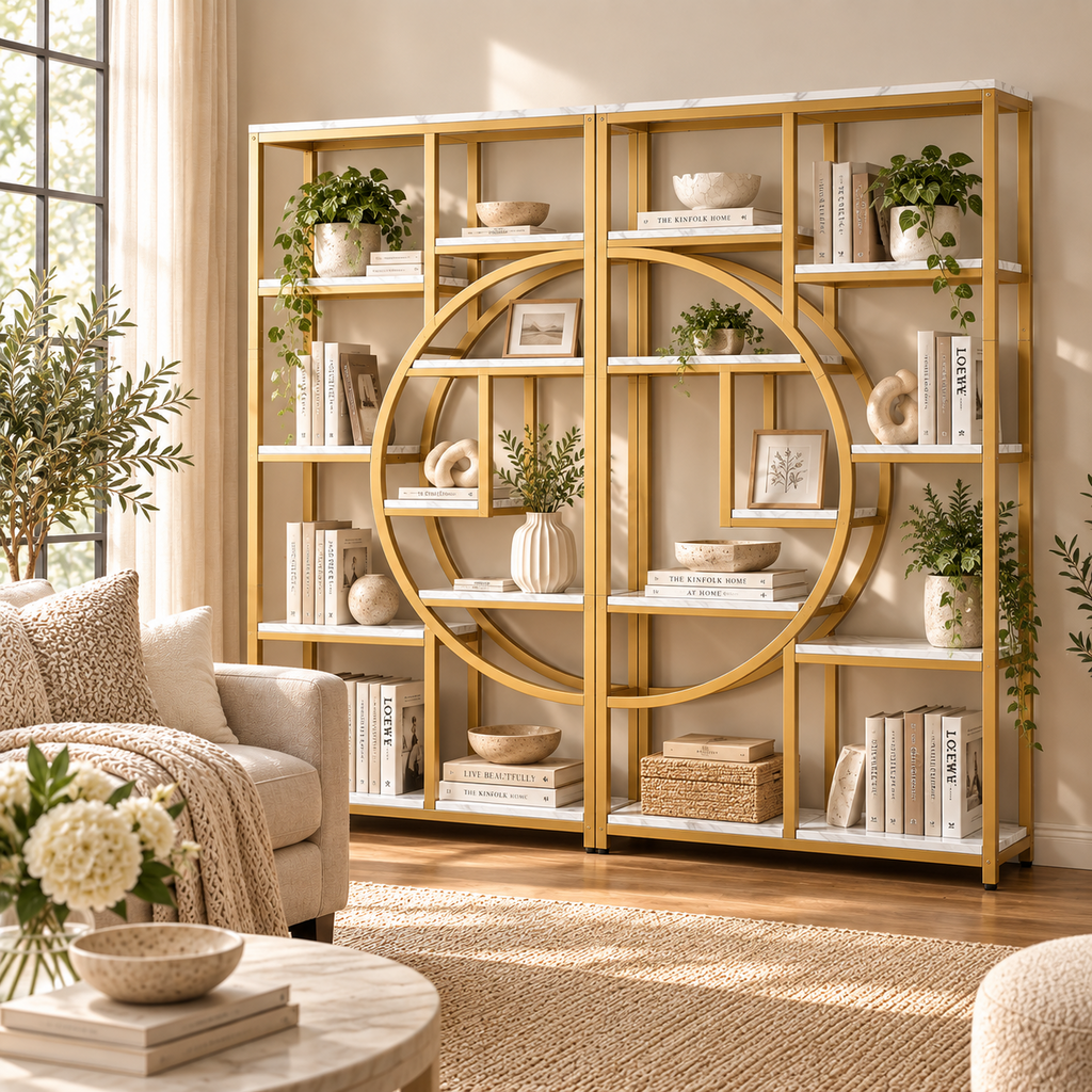 وحدة رفوف ديكور ذهبية كبيرة من LION HOME بتصميم نصف دائري