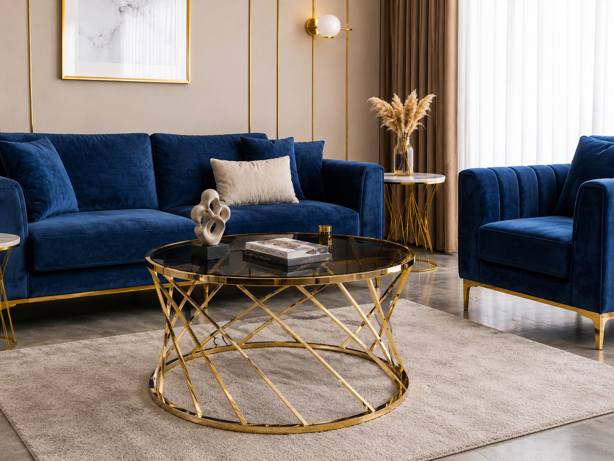 ترابيزة قهوة استانلس ذهبية دائرية بقاعدة هندسية من LION HOME