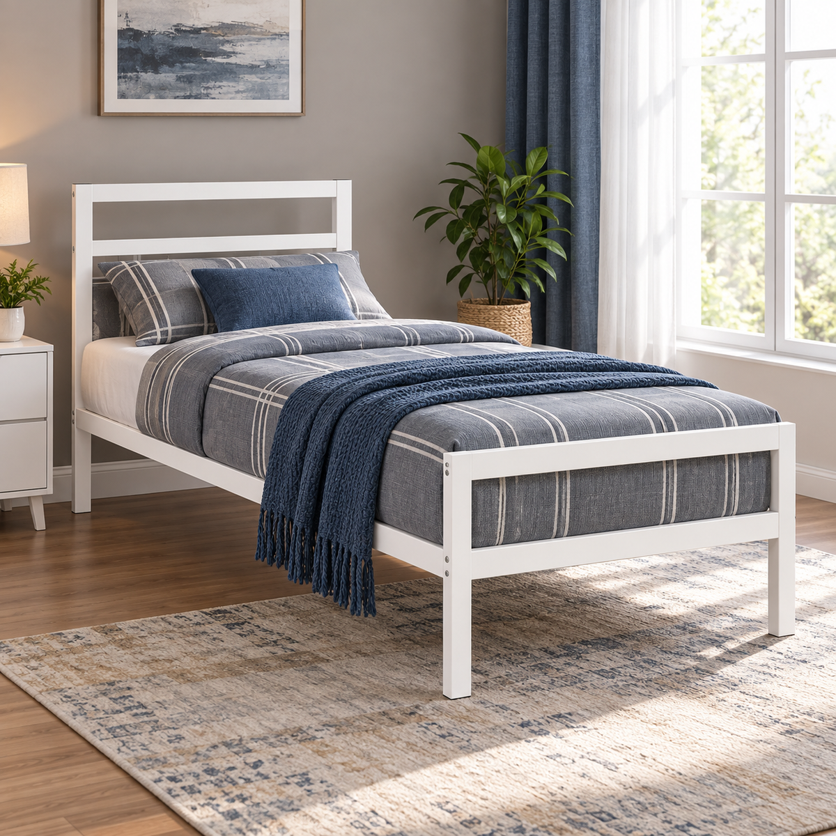 سرير معدن أبيض بتصميم مستطيل داخل غرفة نوم من LION HOME