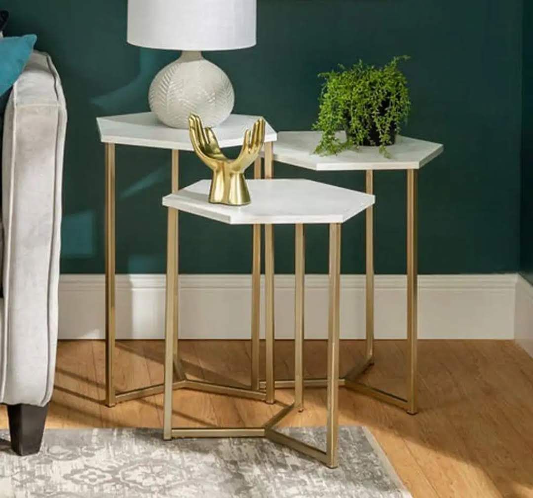 طقم ترابيزات متداخلة معدن وخشب بتأثير الرخام من LION HOME