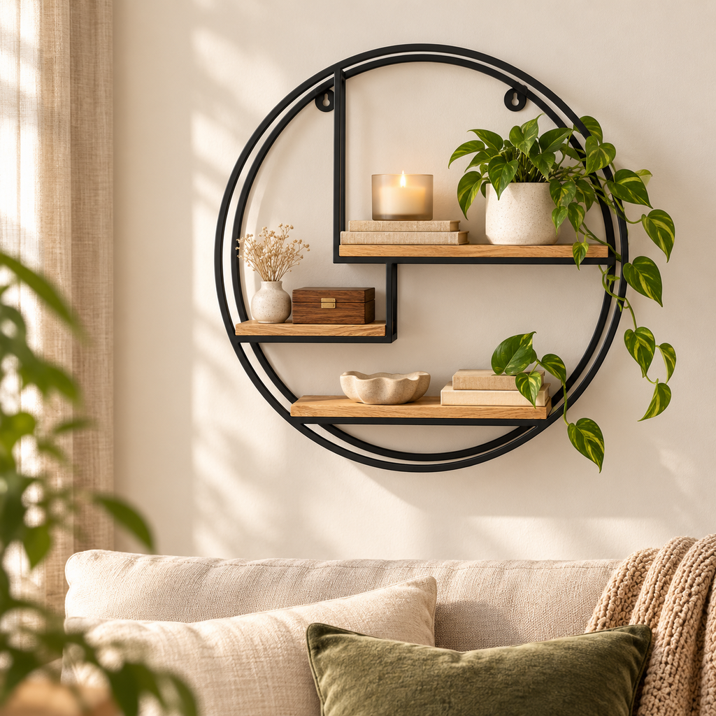 رف حائط دائري مودرن معدن وخشب من LION HOME داخل غرفة معيشة
