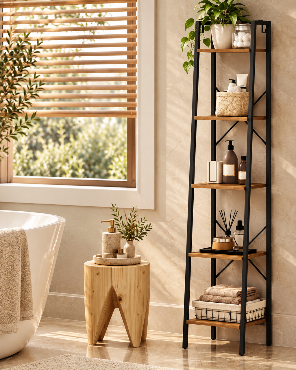وحدة رفوف رأسية سوداء 160 سم من LION HOME داخل حمام مودرن