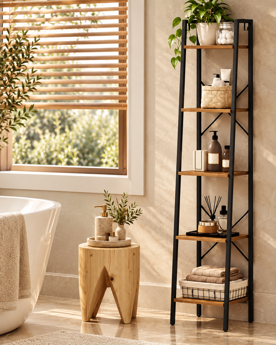 وحدة رفوف رأسية سوداء 160 سم من LION HOME داخل حمام مودرن