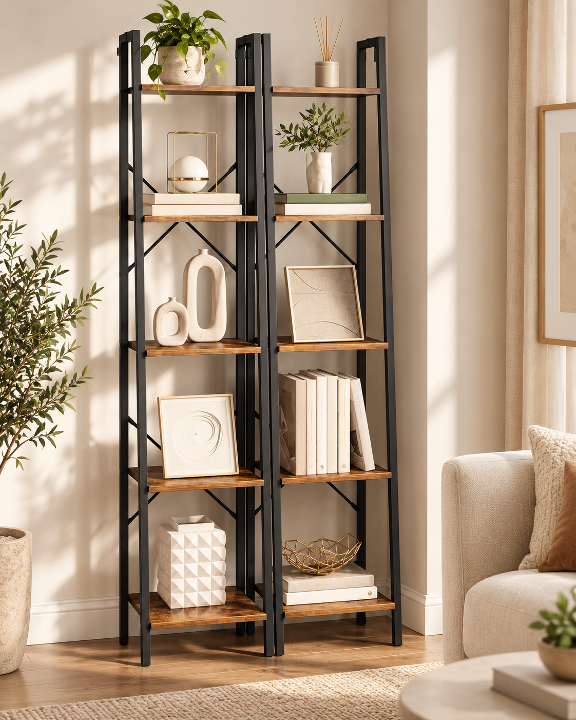 وحدتا رفوف رأسية سوداء وخشب من LION HOME داخل غرفة معيشة