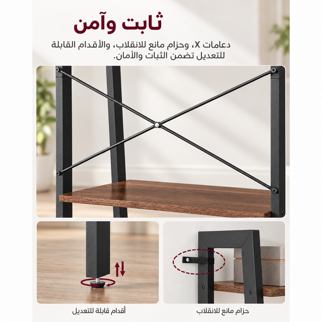 تفاصيل أمان وحدة رفوف LION HOME بدعامات X وأقدام قابلة للتعديل وحزام مانع للانقلاب