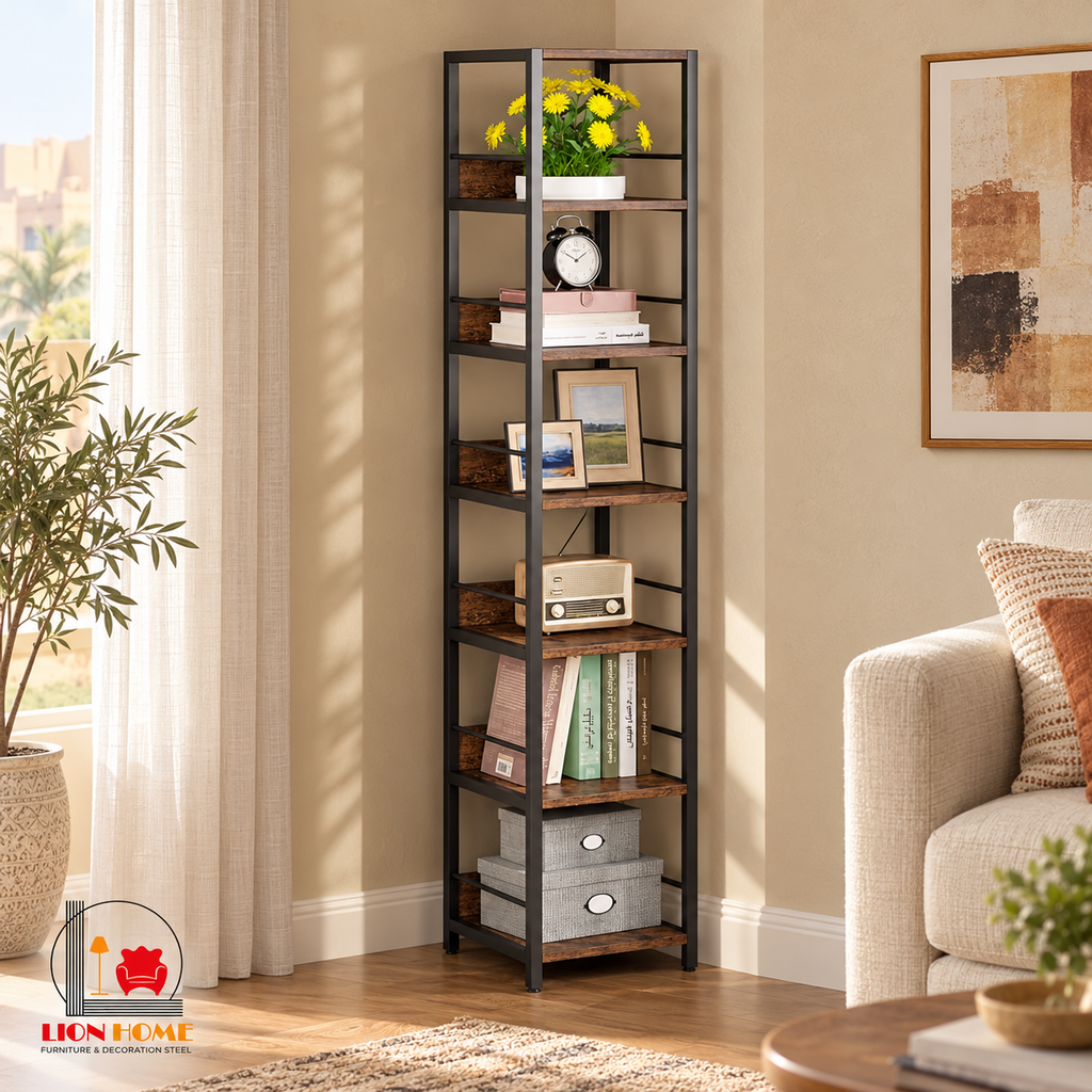 وحدة رفوف رفيعة 190 سم من LION HOME داخل غرفة معيشة بألوان هادئة