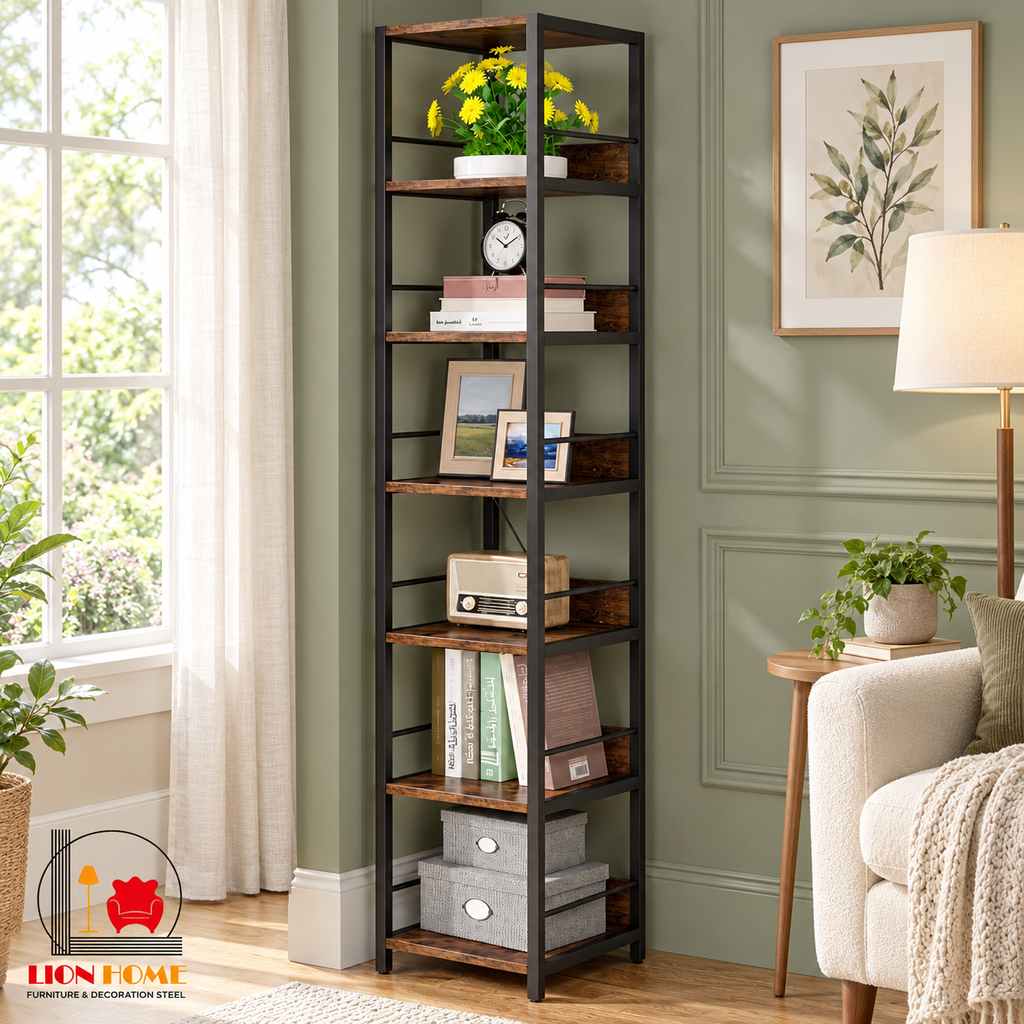 وحدة رفوف معدن وخشب من LION HOME داخل ركن قراءة منزلي