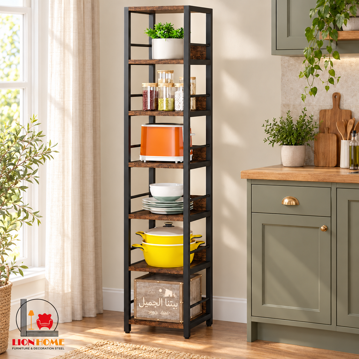 وحدة رفوف معدن وخشب من LION HOME داخل مطبخ منزلي