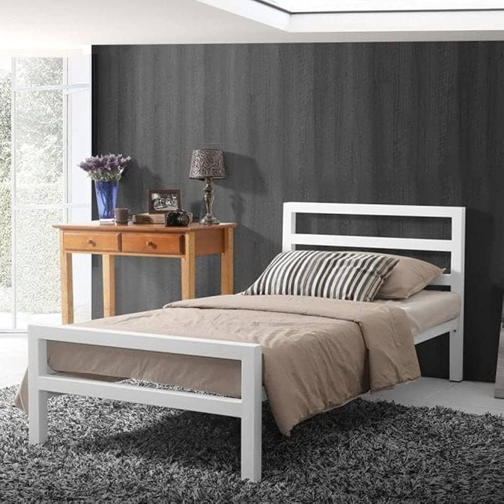 سرير معدن أبيض مقاس 100×195 سم بتصميم مستطيل مودرن من LION HOME