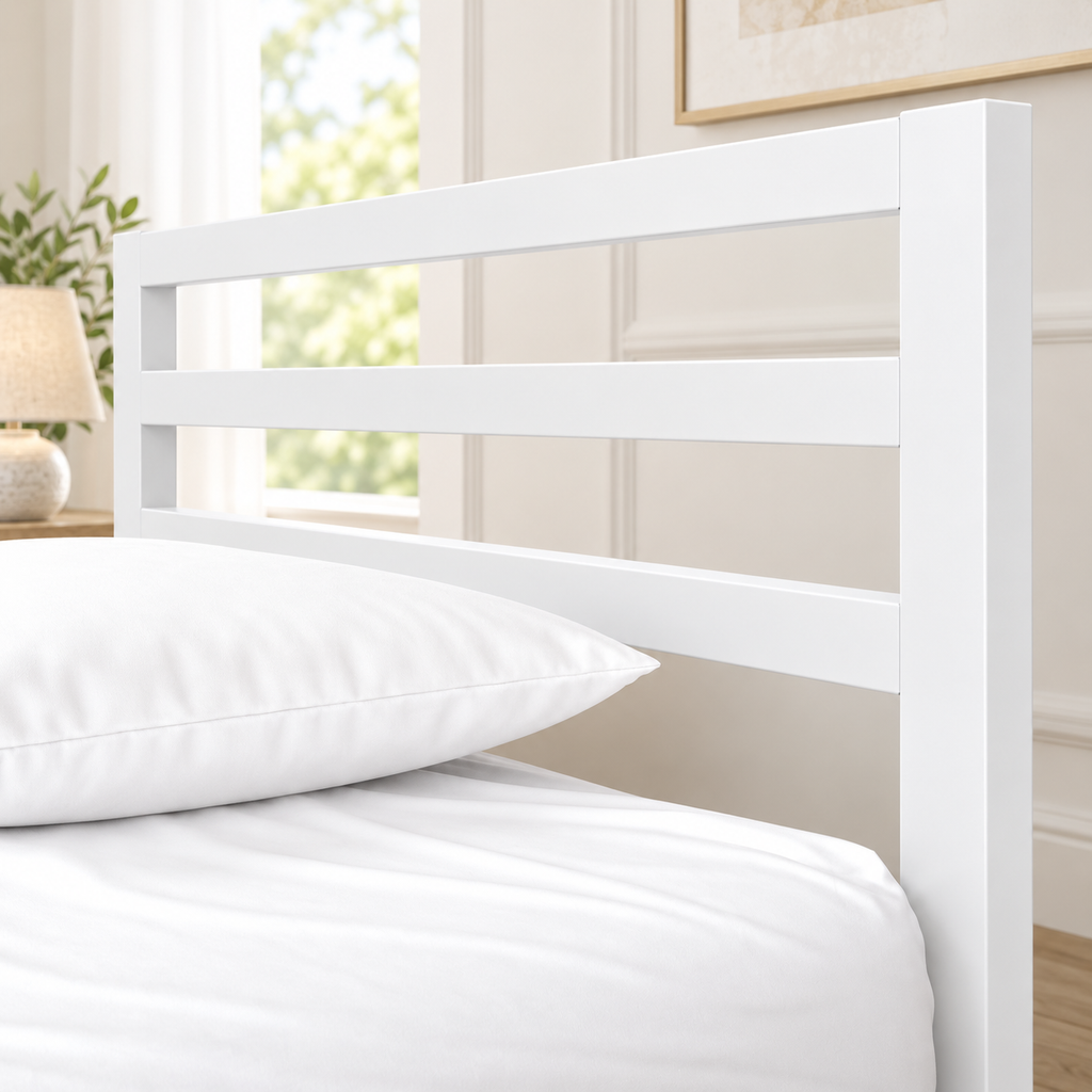 سرير معدن أبيض مودرن مقاس 120×195 سم من LION HOME – تصميم ظهر شرائح معدنية