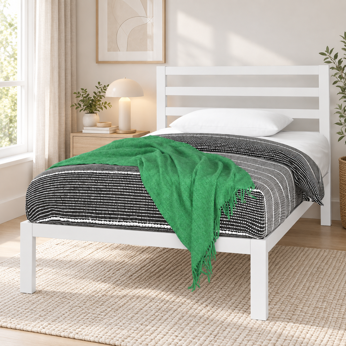 سرير معدن أبيض مودرن مقاس 120×195 سم من LION HOME – صورة كاملة للسرير