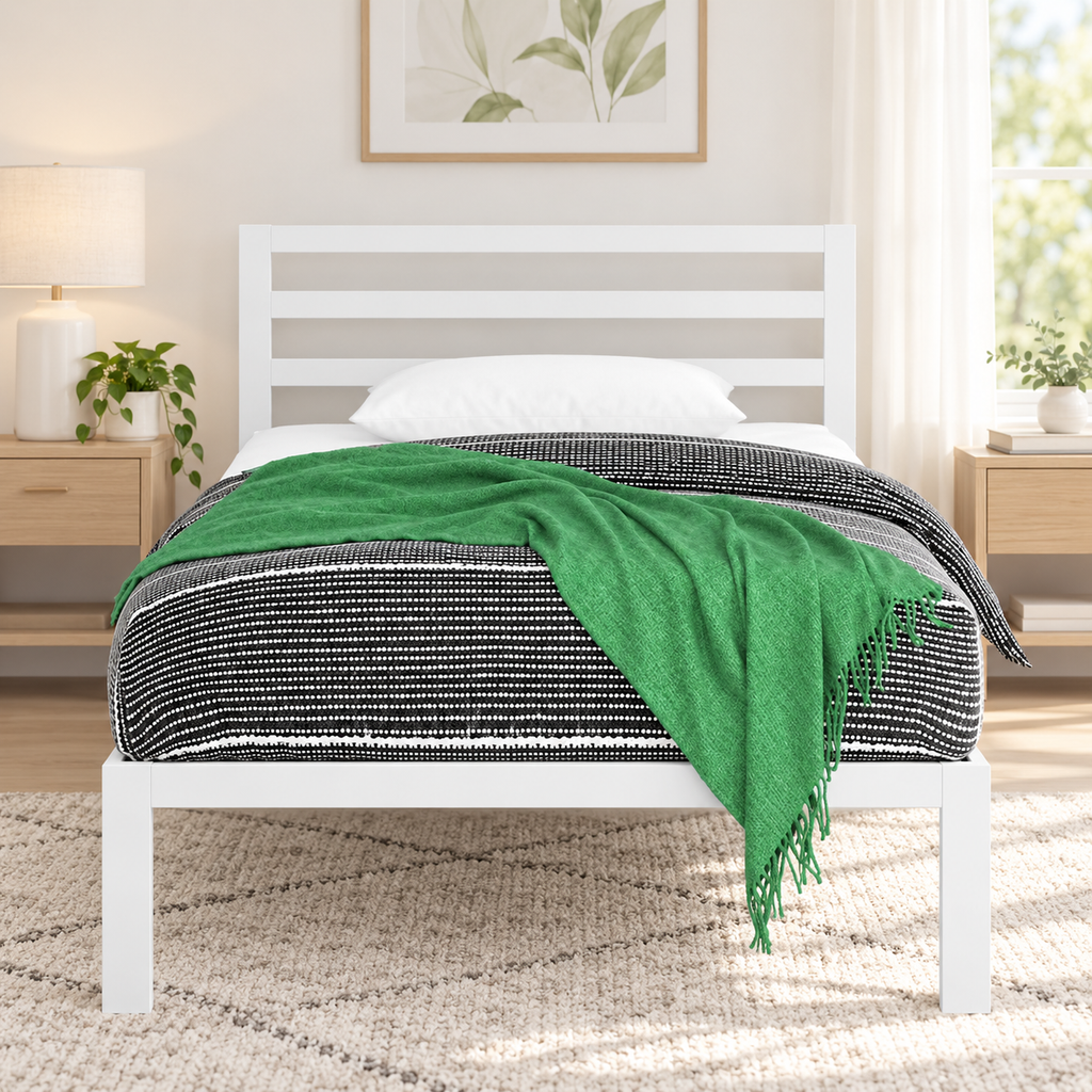 سرير معدن أبيض مودرن مقاس 120×195 سم من LION HOME – منظر أمامي كامل