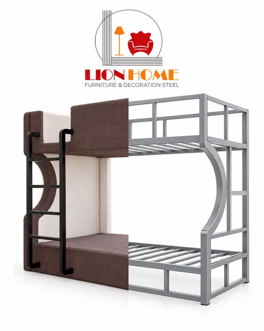 سرير دورين منجد بشاسيه معدني بالكامل من LION HOME باللون البني والبيج